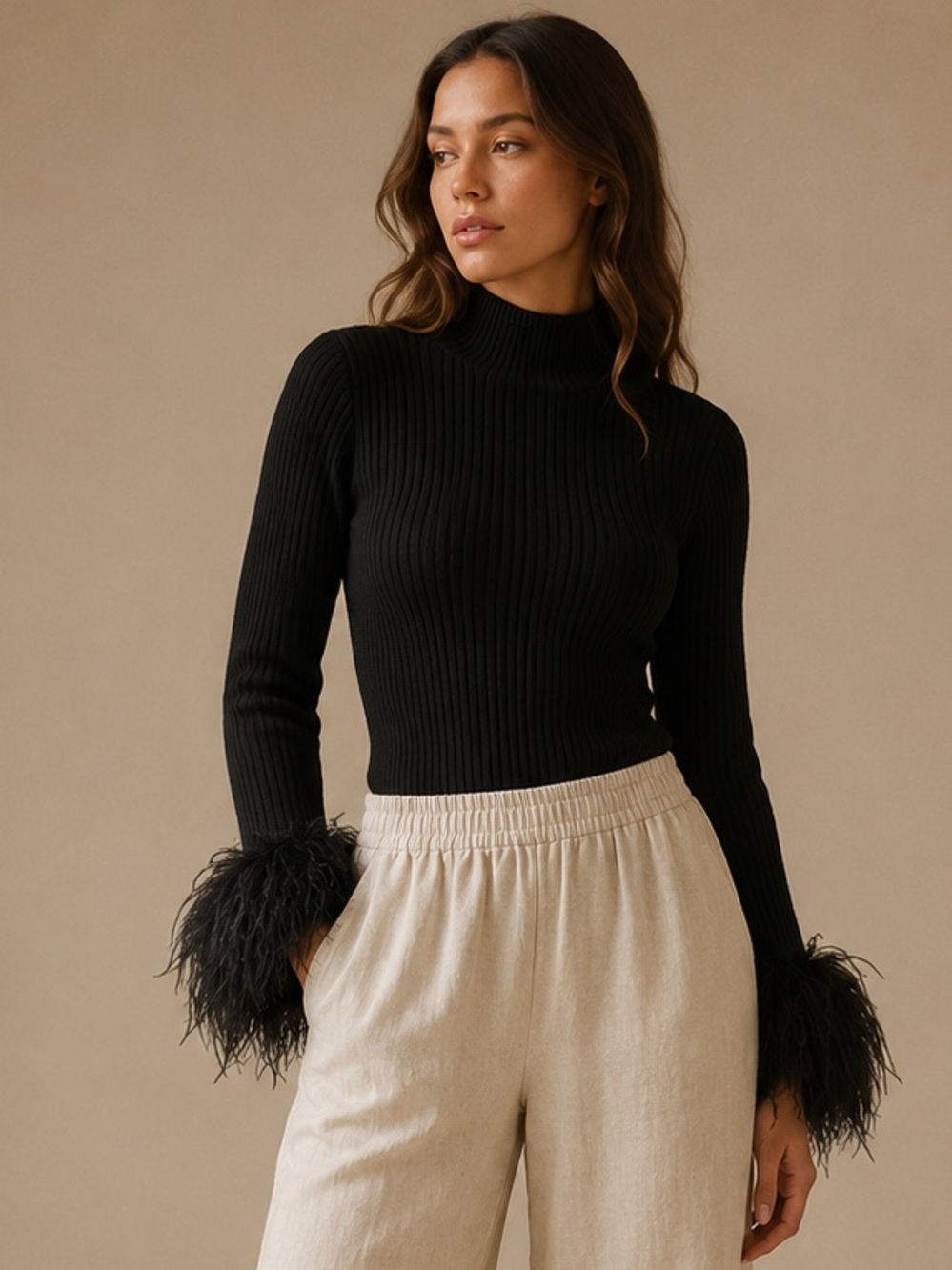 Skies Are Blue Black Ribbed Sweater Feather Cuff Mock Neck Statement Top L